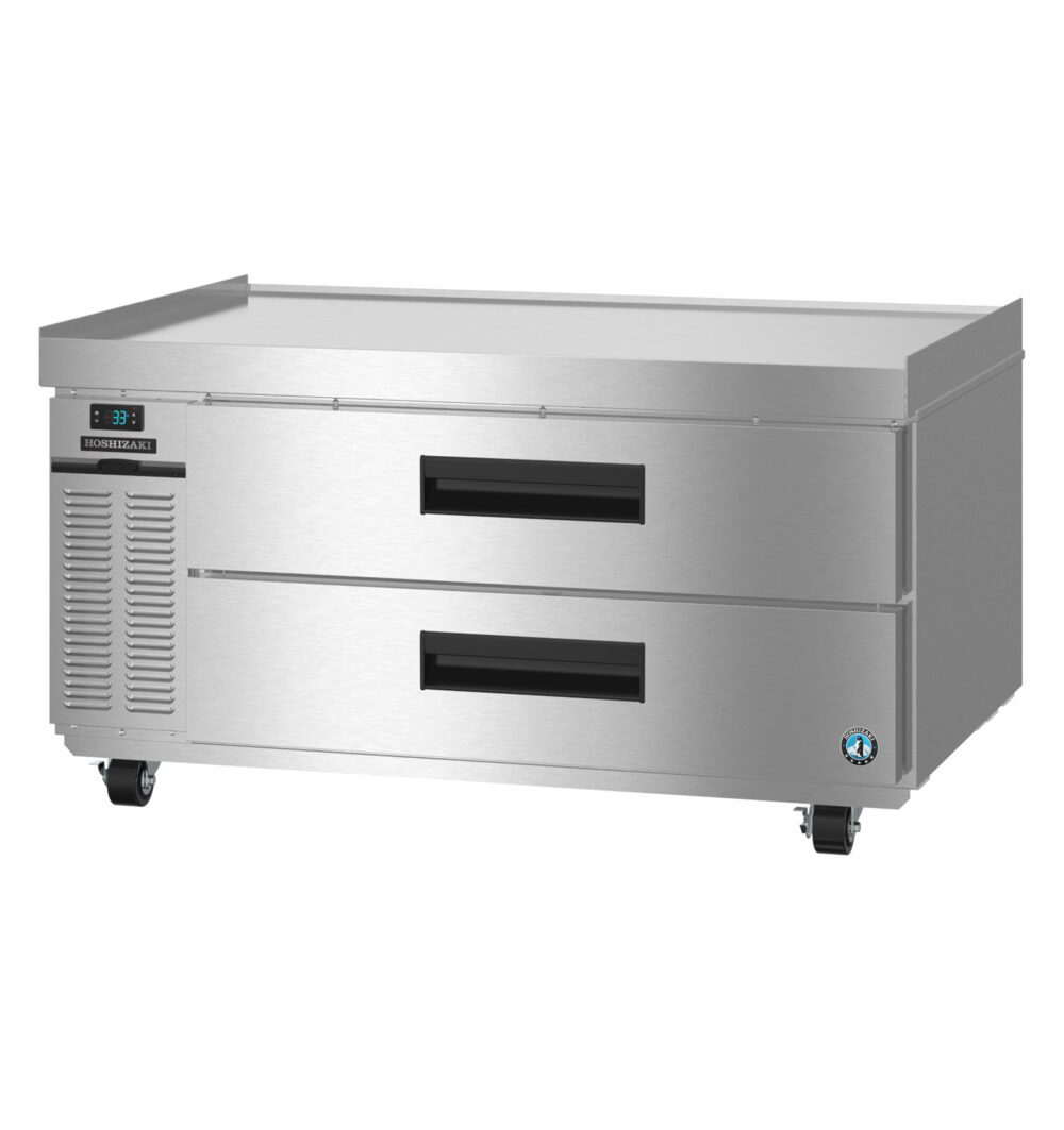 Hoshizaki CR49B-L Steelheart Series refrigerated chef base with two stainless drawers and left condenser