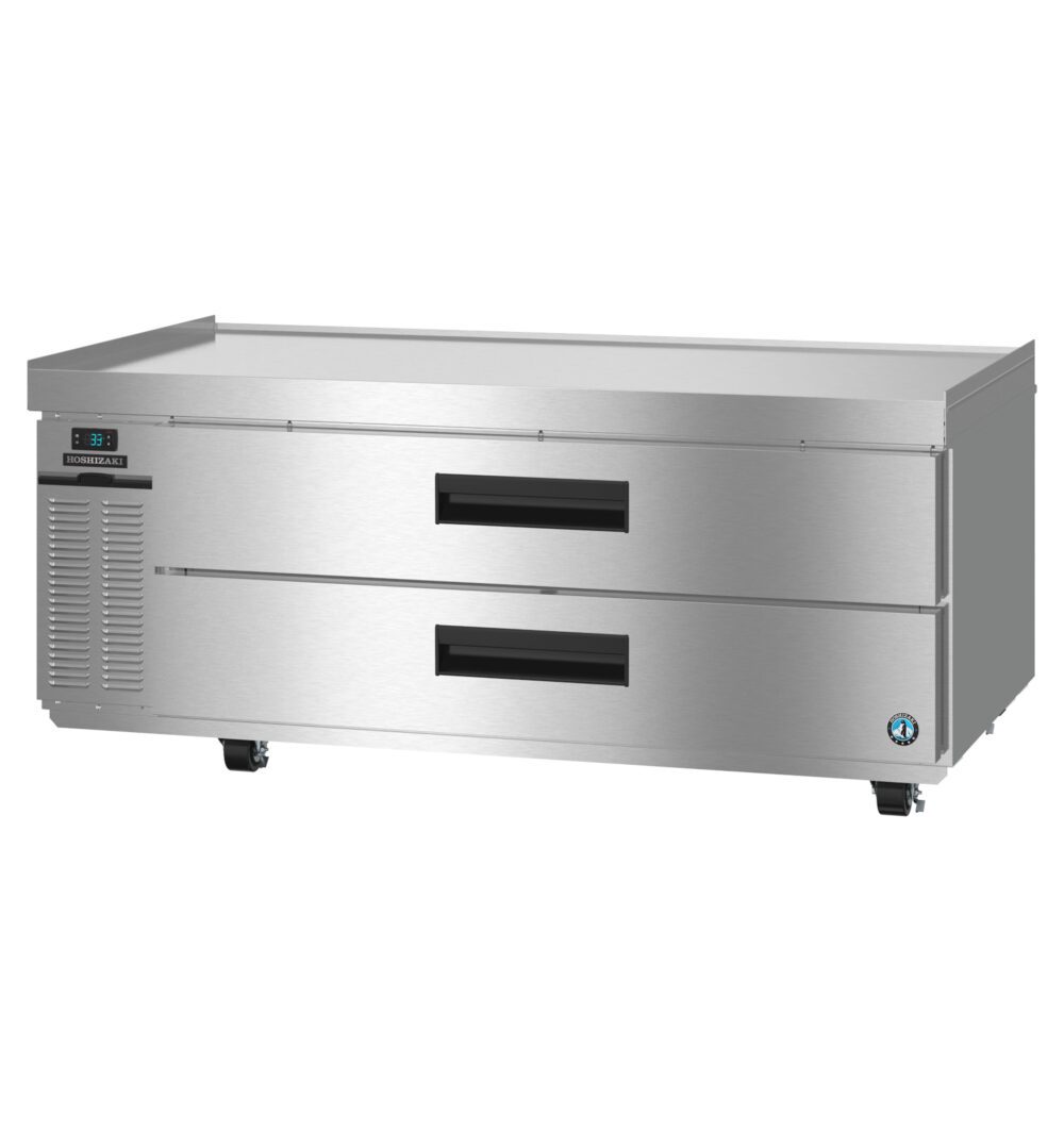 Hoshizaki CR60B-L Steelheart Series refrigerated chef base with two stainless drawers and left condenser