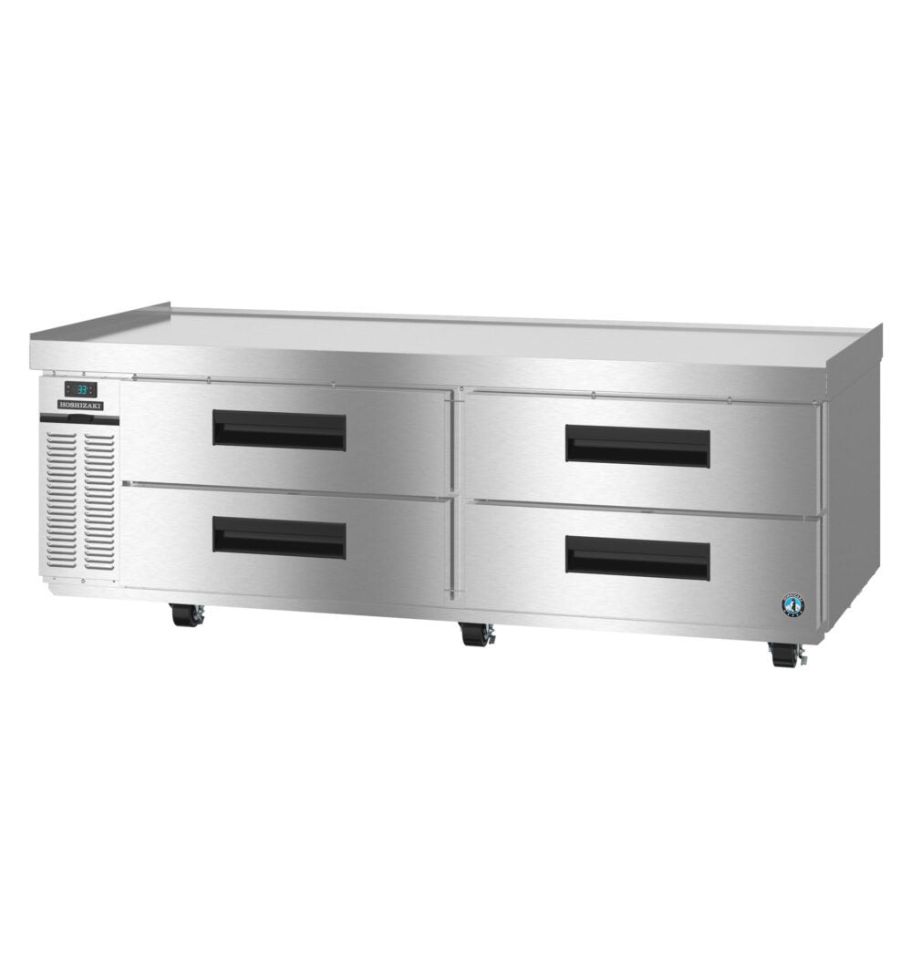 Hoshizaki CR72B-L Steelheart Series two section refrigerated chef base with four stainless drawers and left condenser