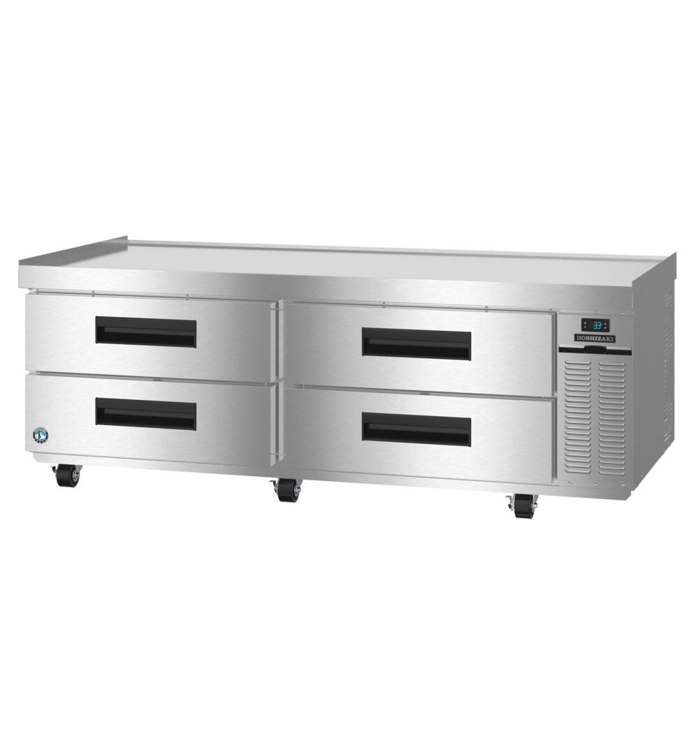 Hoshizaki CR72B Steelheart Series two section refrigerated chef base with four stainless drawers
