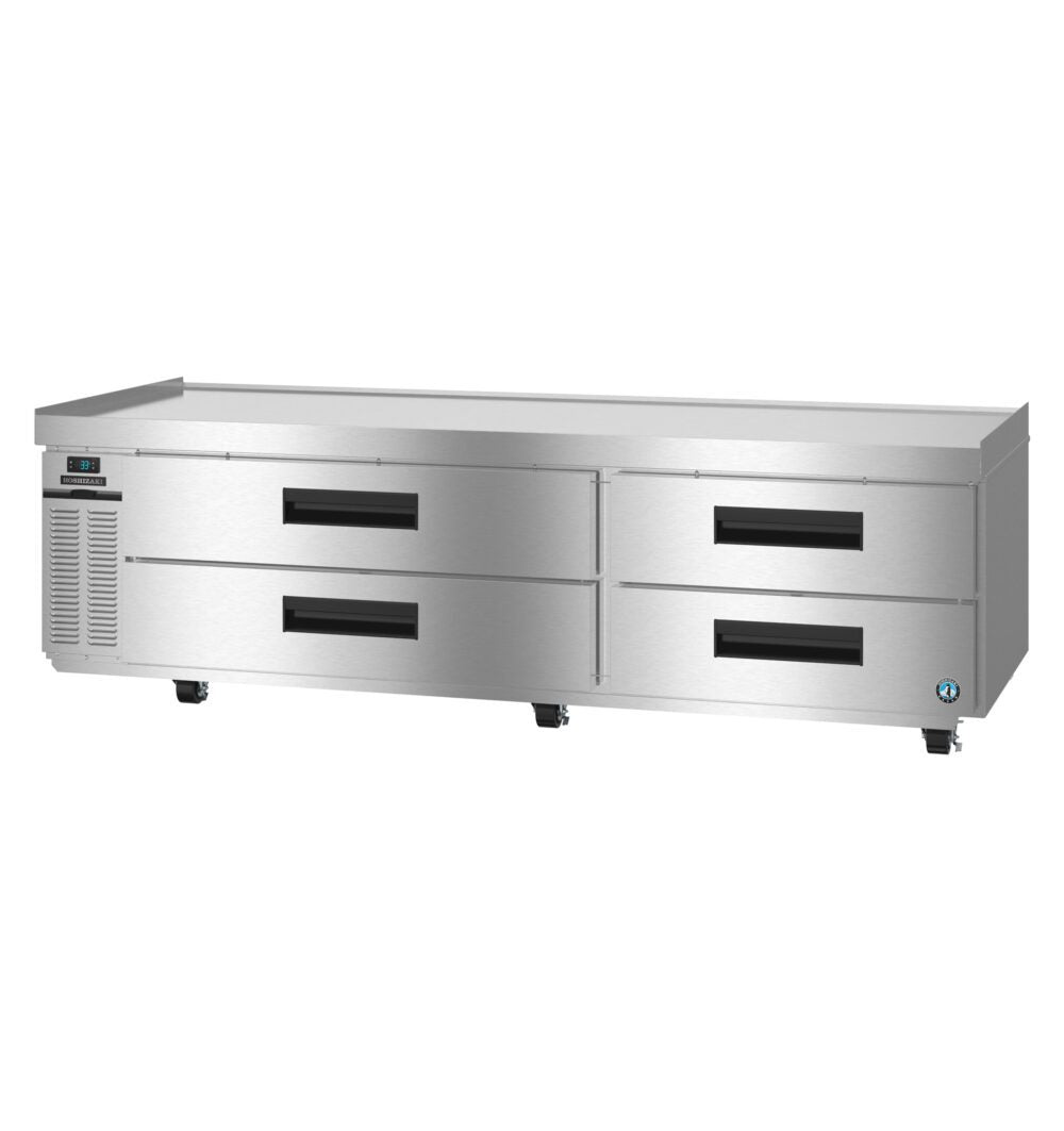 Hoshizaki CR85B-L Steelheart Series two section refrigerated chef base with four stainless drawers and left condenser