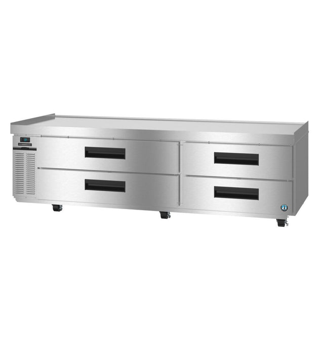 Hoshizaki CR85B-L Steelheart Series two section refrigerated chef base with four stainless drawers and left condenser