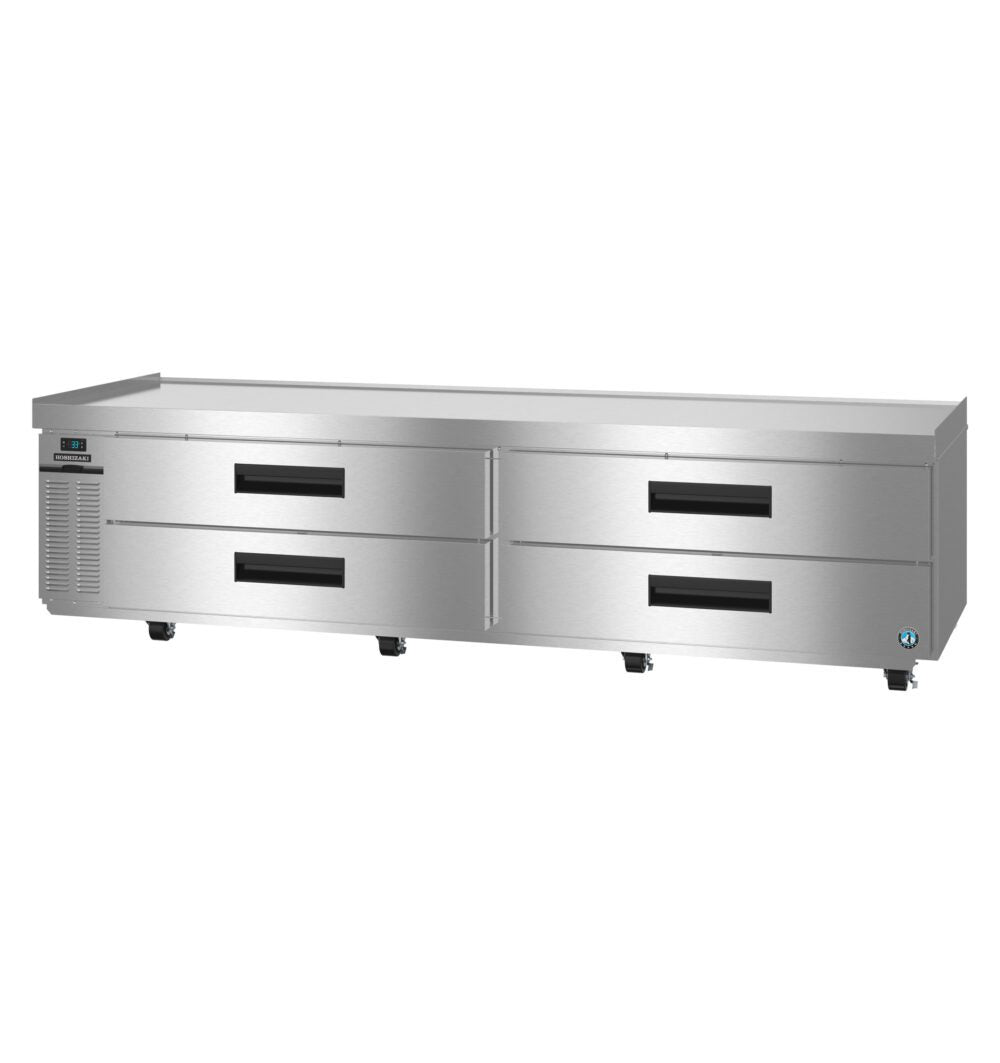 Hoshizaki CR98B-L Steelheart Series two section refrigerated chef base with four stainless drawers and left condenser