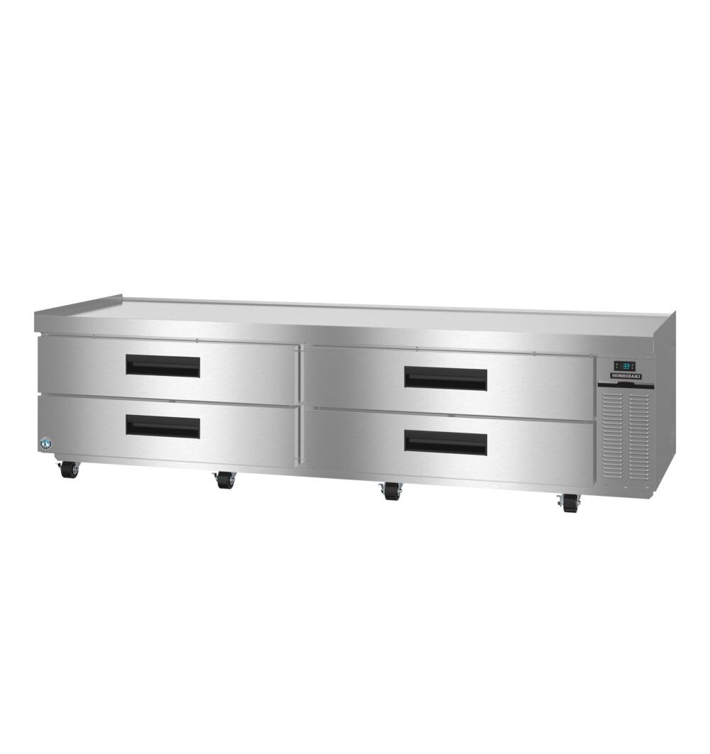 Hoshizaki CR98B Steelheart Series two section refrigerated chef base with four stainless drawers