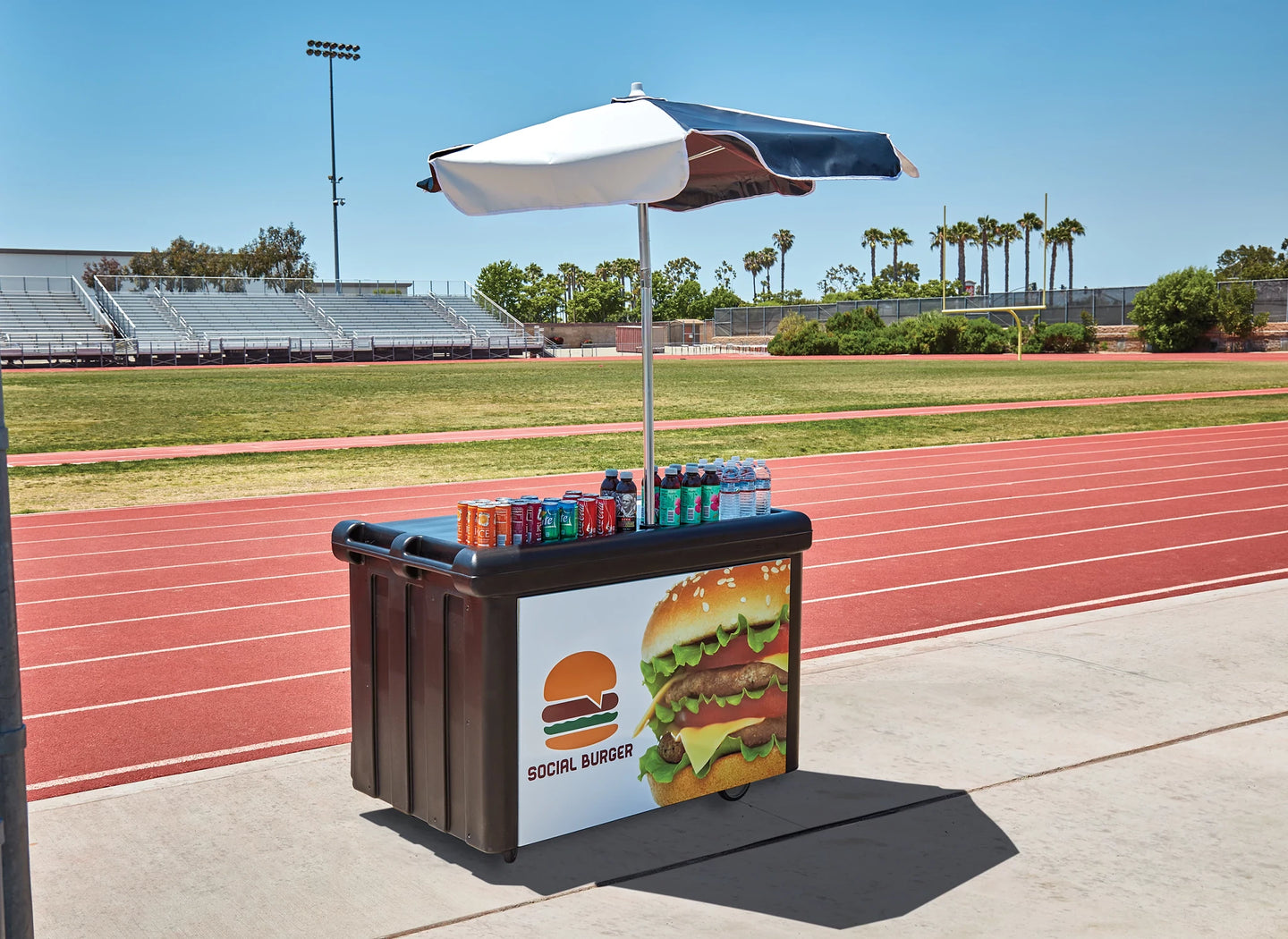 Cambro CVC55110 Camcruiser vending cart with umbrella in black