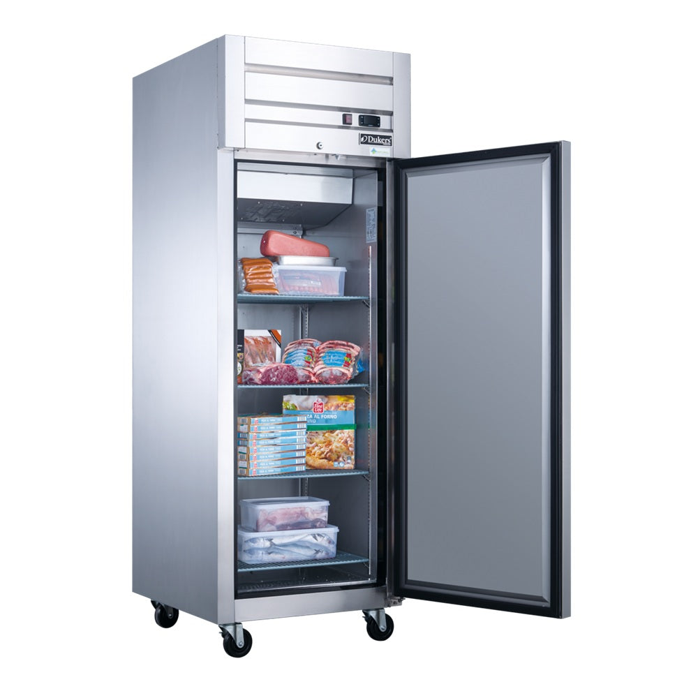 Dukers D28AF reach-in freezer with the door open showing adjustable wire shelves
