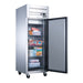 Dukers D28AF reach-in freezer with the door open showing adjustable wire shelves