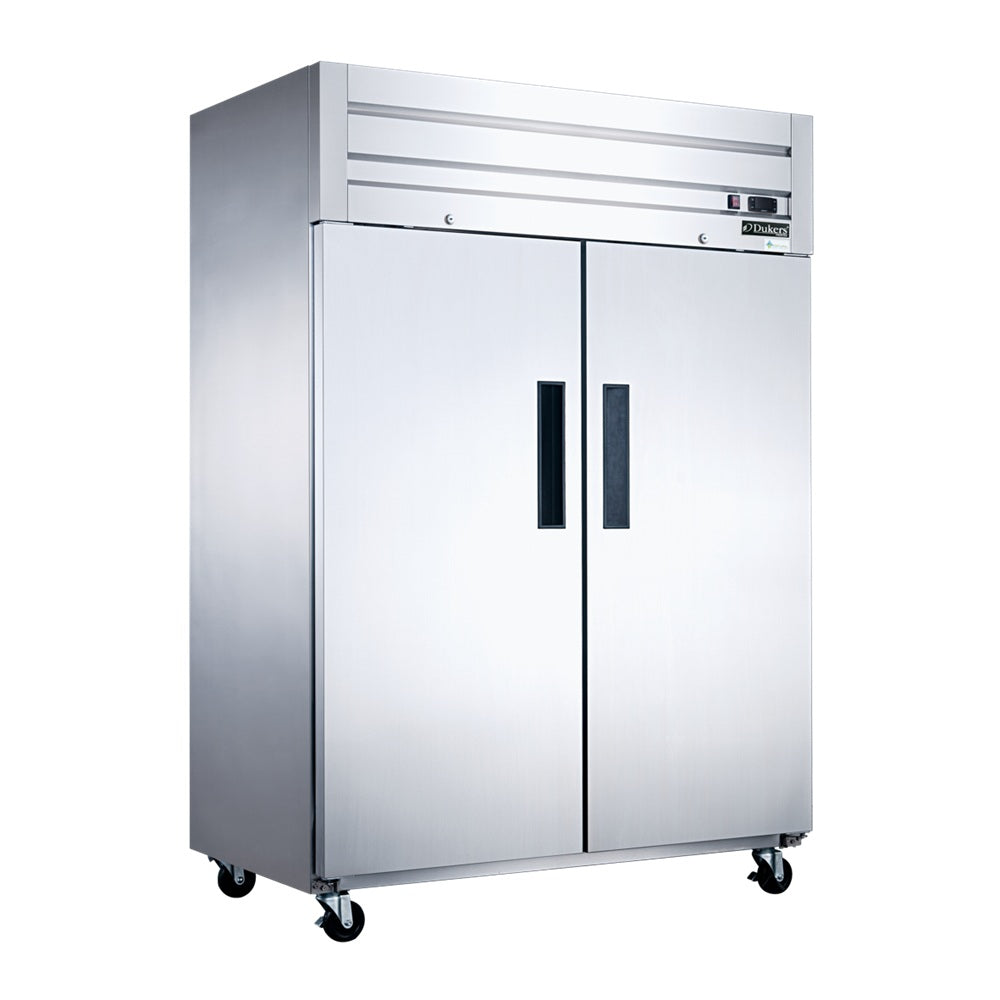 Dukers D55AF two solid door top mount reach-in freezer, stainless steel