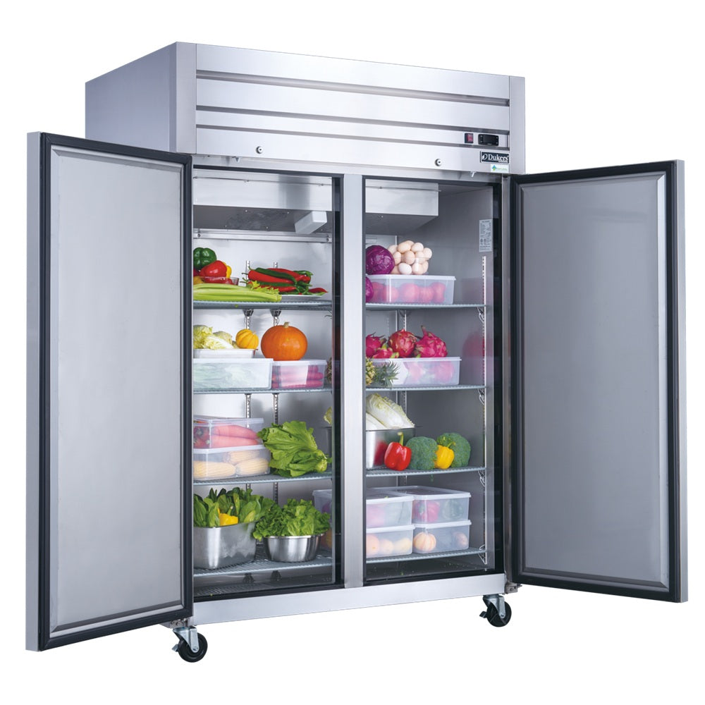 Dukers D55AF two door reach-in freezer with doors open showing wire shelving