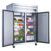 Dukers D55AF two door reach-in freezer with doors open showing wire shelving