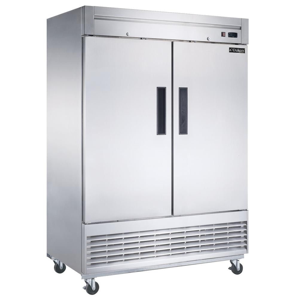 Dukers D55F two solid door bottom mount reach-in freezer, stainless steel