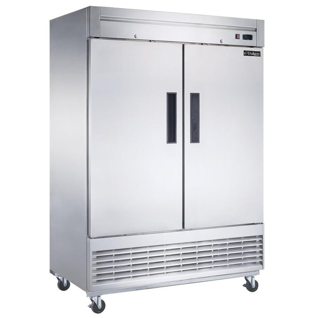 Dukers D55R two solid door bottom mount reach-in refrigerator, stainless steel