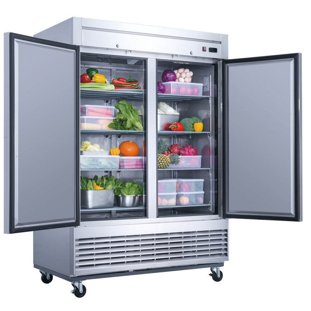 Dukers D55R two door reach-in refrigerator with doors open showing wire shelving