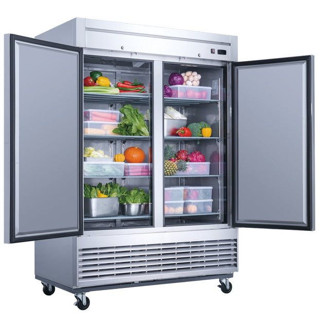 Dukers D55R two door reach-in refrigerator with doors open showing wire shelving