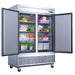 Dukers D55R two door reach-in refrigerator with doors open showing wire shelving