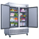 Dukers D55R two door reach-in refrigerator with doors open showing wire shelving