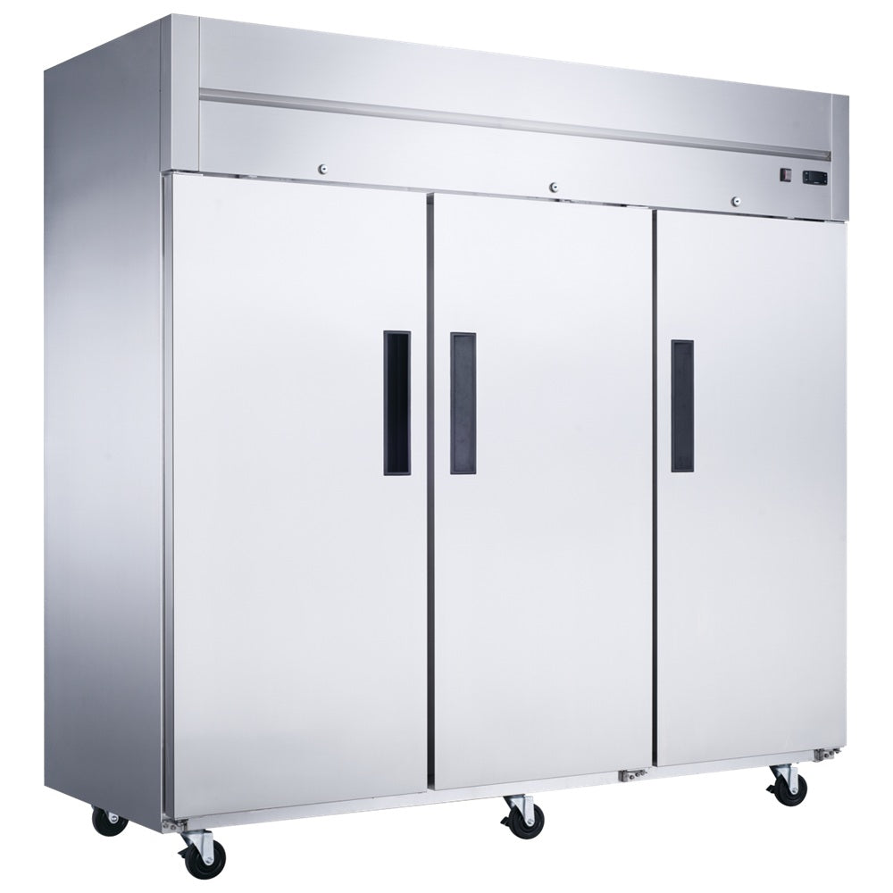 Dukers D83AF three solid door top mount reach-in freezer, stainless steel