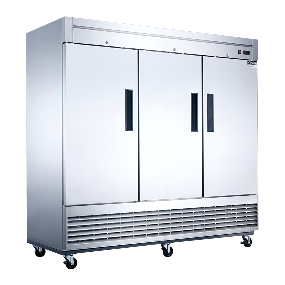 Dukers D83F three solid door bottom mount reach-in freezer, stainless steel