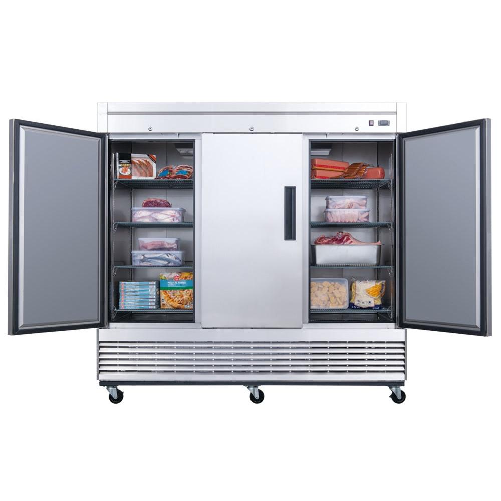 Dukers D83F three door reach-in freezer with doors open showing wire shelving