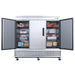 Dukers D83F three door reach-in freezer with doors open showing wire shelving