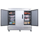 Dukers D83F three door reach-in freezer with doors open showing wire shelving