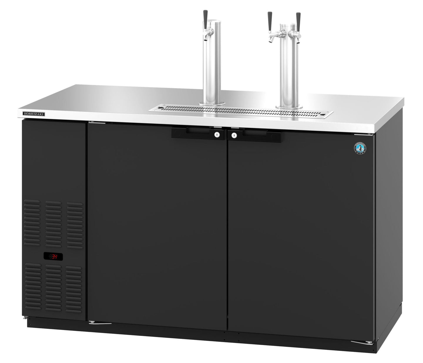 Hoshizaki DD59 two section back bar direct draw beer cooler with black vinyl exterior and draft towers