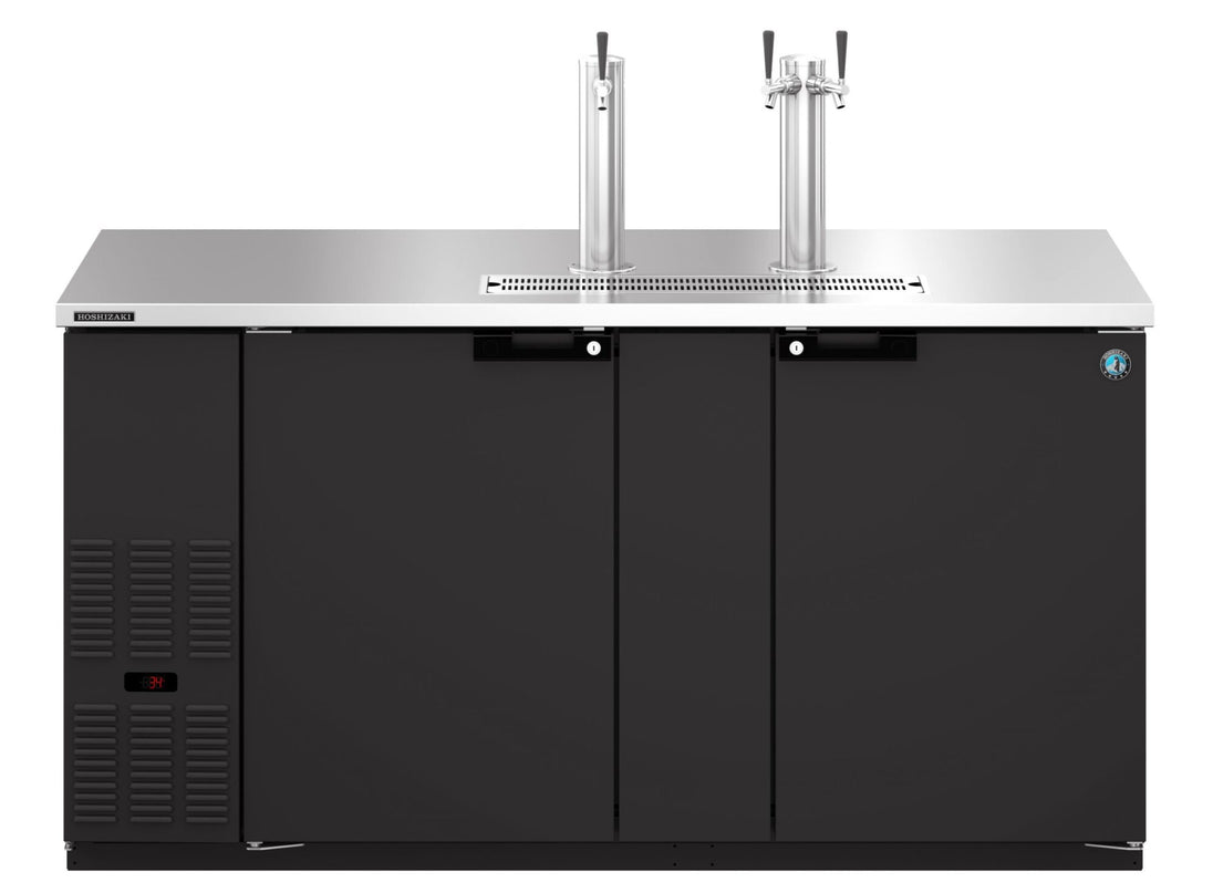 Hoshizaki DD69 two section back bar direct draw beer cooler front view with black vinyl exterior and solid doors