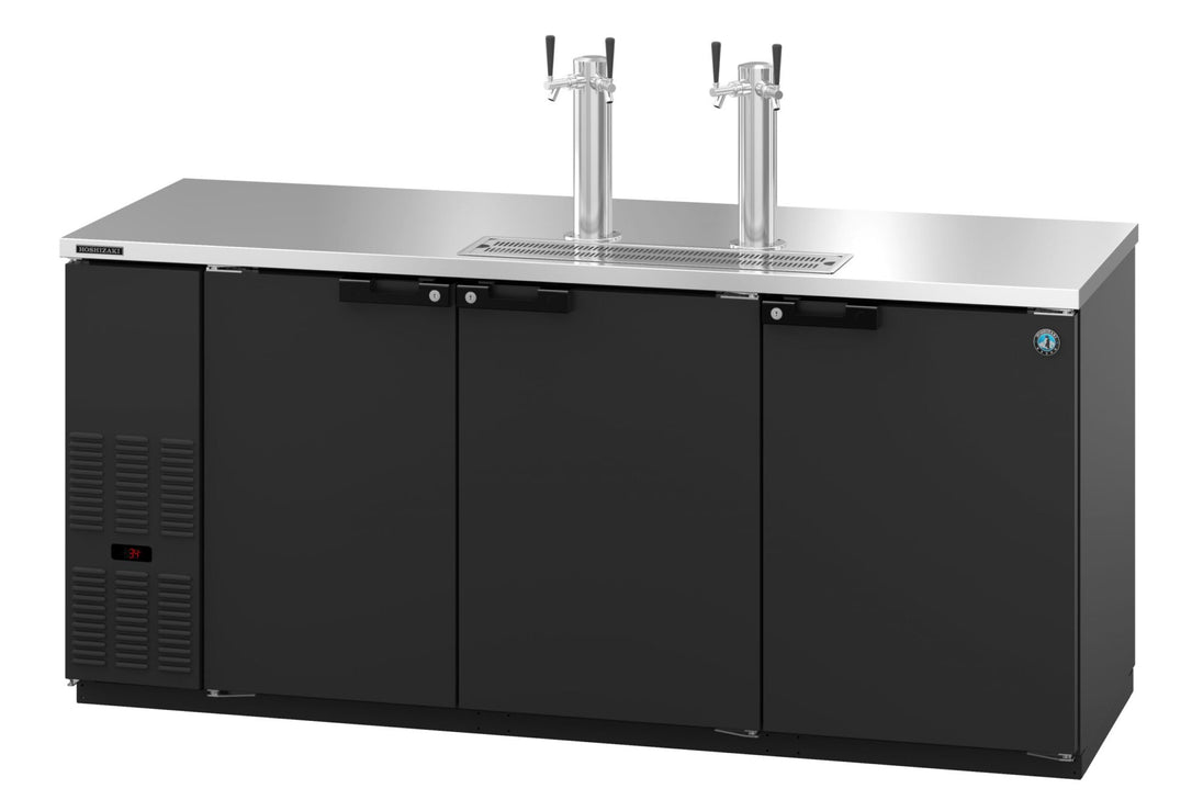 Hoshizaki DD80 three section back bar direct draw beer cooler with black vinyl exterior and draft towers