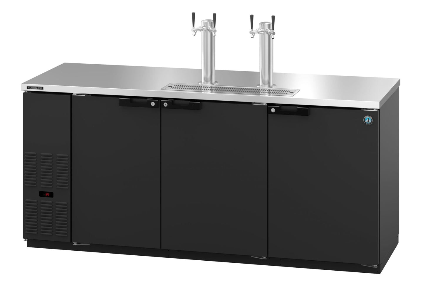 Hoshizaki DD80 three section back bar direct draw beer cooler with black vinyl exterior and draft towers