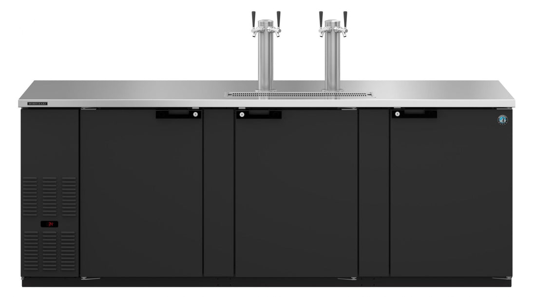 Hoshizaki DD95 three section direct draw beer cooler front view with solid doors and four faucets