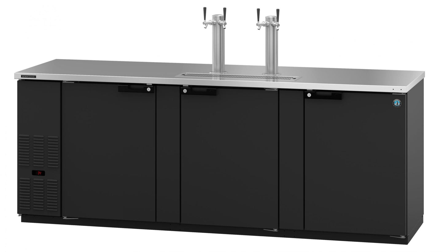 Hoshizaki DD95 three section back bar direct draw beer cooler with black vinyl exterior and two draft towers