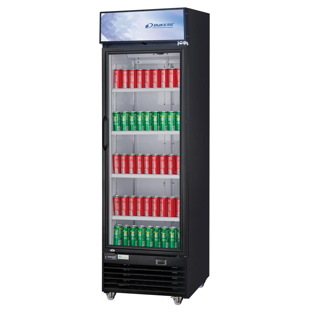 Dukers DSM-12R glass door merchandiser refrigerator showing bottom mounted compressor housing