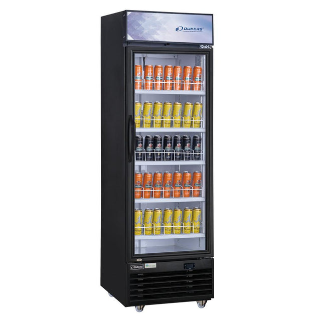 Dukers DSM-12R single glass swing door merchandiser refrigerator, angled view