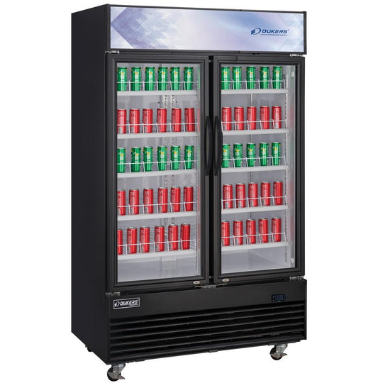 Dukers DSM-33R two hinged glass door merchandiser refrigerator, angled view