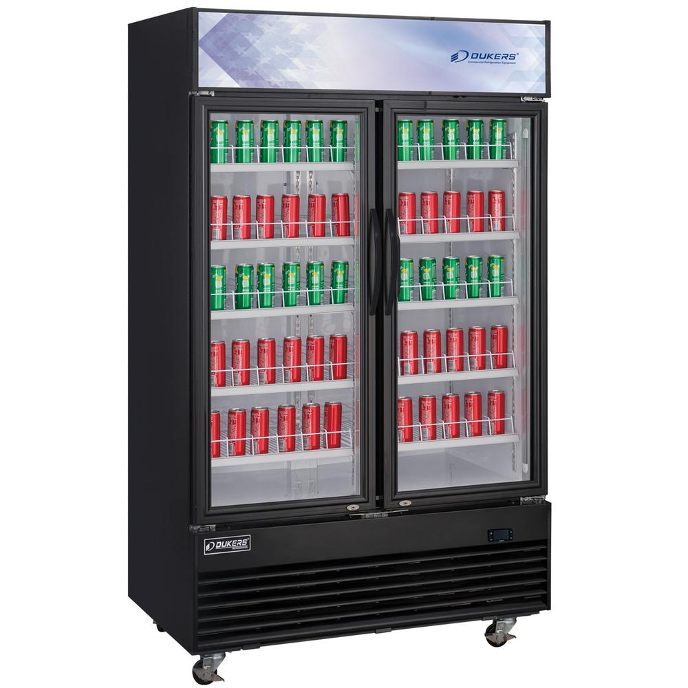 Dukers DSM-48R two hinged glass door merchandiser refrigerator in black, angled view
