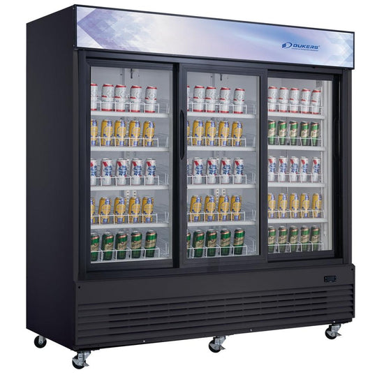 Dukers DSM-68SR three sliding glass door merchandiser refrigerator, front view