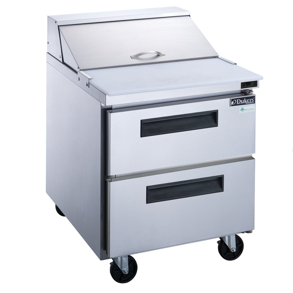 Dukers DSP29-12M-D2 29 inch stainless steel megatop food prep table refrigerator with two drawers and a twelve pan top rail