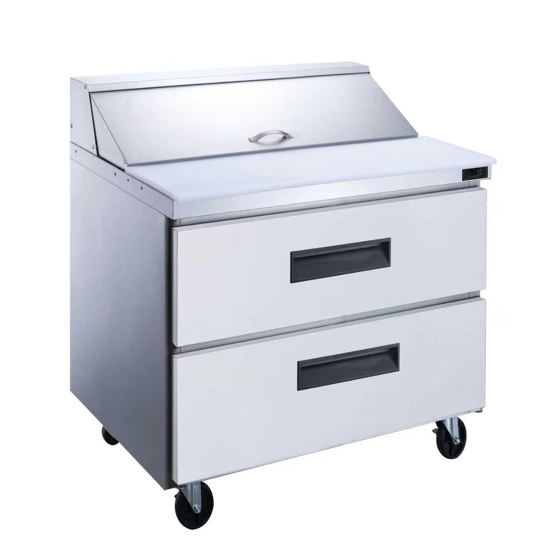Dukers DSP36-10-D2 36 inch stainless steel sandwich prep table refrigerator with two drawers and a ten pan top rail