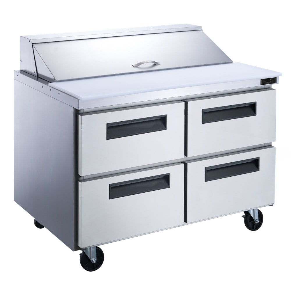Dukers DSP48-12-D4 48 inch stainless steel sandwich prep table refrigerator with four drawers and a twelve pan top rail