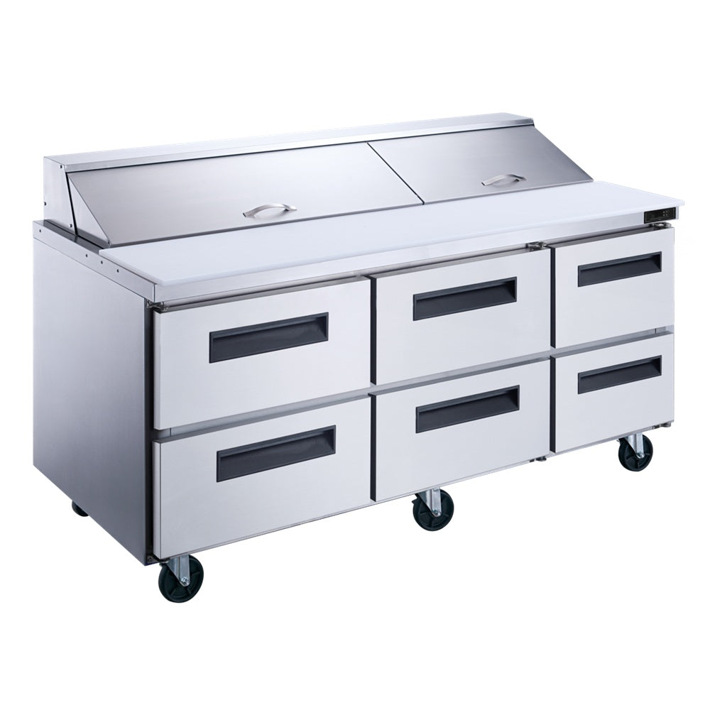Dukers DSP72-18-D6 72 inch stainless steel sandwich prep table refrigerator with six drawers and an eighteen pan top rail