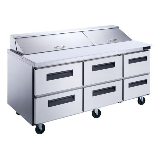 Dukers DSP72-18-D6 72 inch stainless steel sandwich prep table refrigerator with six drawers and an eighteen pan top rail