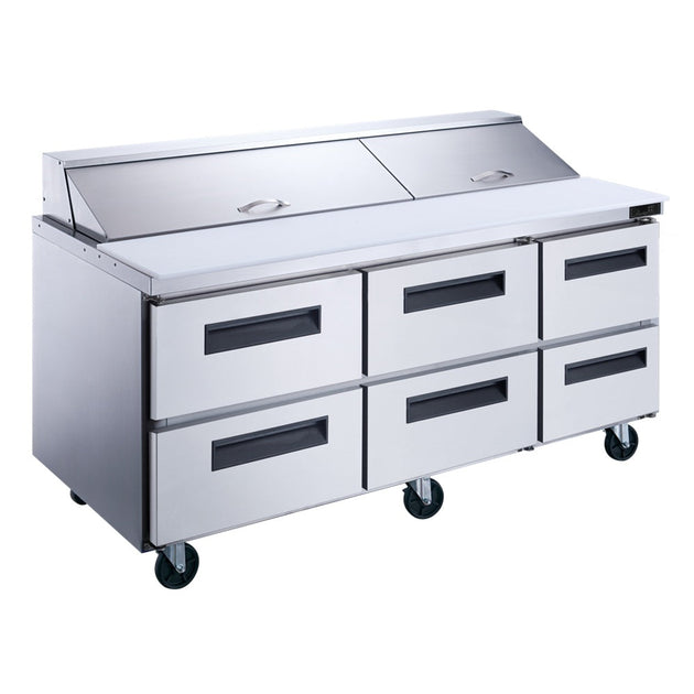 Dukers DSP72-18-D6 72 inch stainless steel sandwich prep table refrigerator with six drawers and an eighteen pan top rail