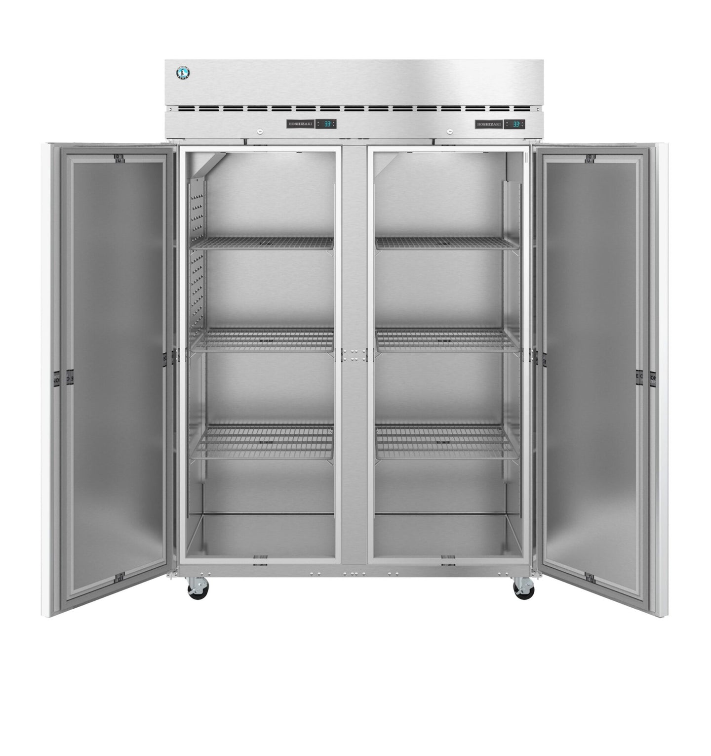 Hoshizaki DT2A-FS dual temp reach-in shown with doors open and shelving