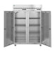 Hoshizaki DT2A-FS dual temp reach-in shown with doors open and shelving