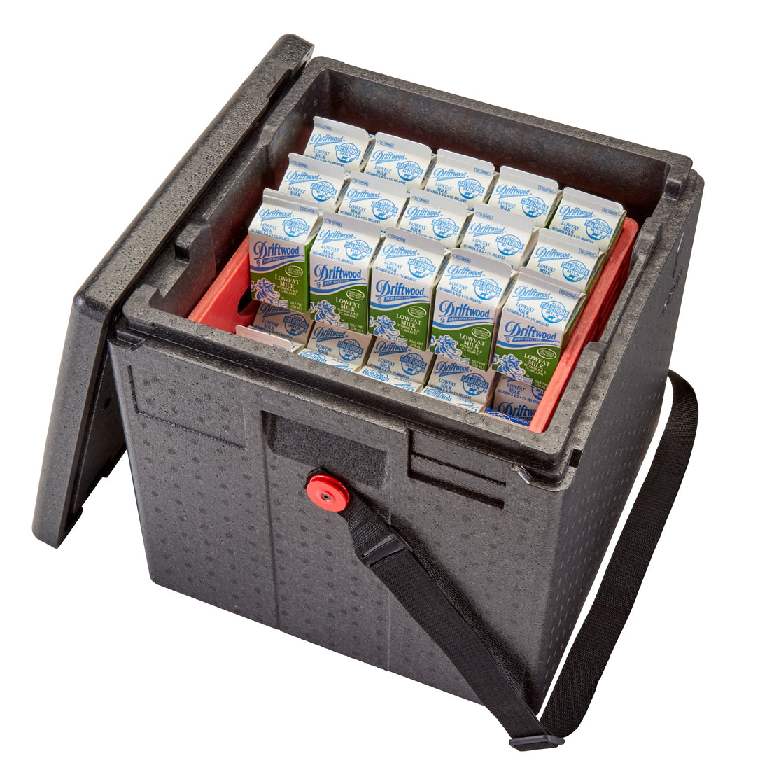 Cambro EPPMBWSTSW110 insulated milk crate carrier, angled view