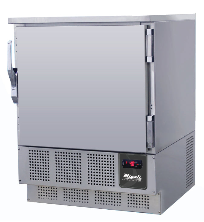Migali Industries EVOX-U1R-LB Medical-Grade Refrigerator 4.2 Cu. Ft. - single solid door undercounter refrigerator with digital controller, front quarter view