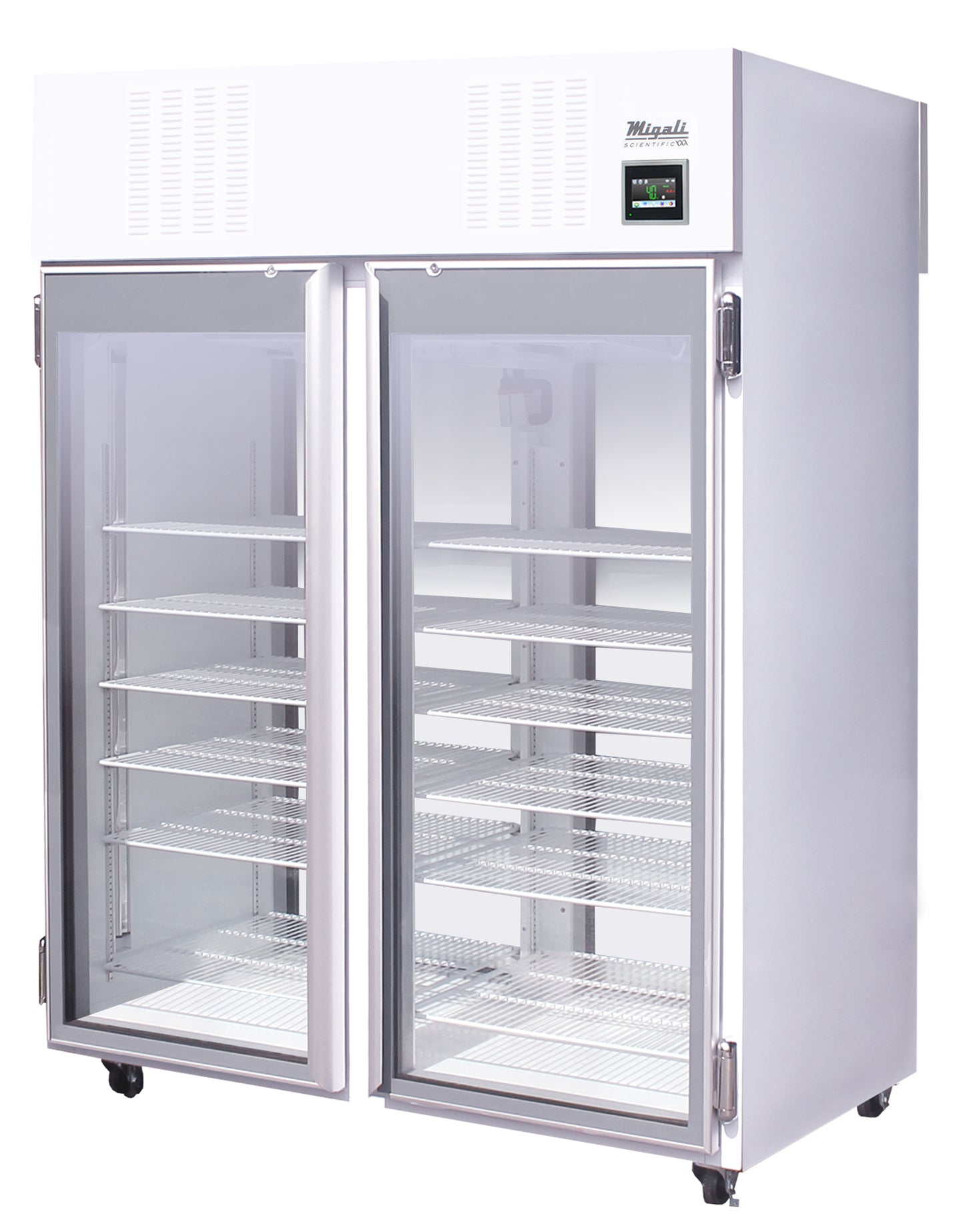 Migali Industries EVOX-2PT-LB-RC Clean Room Pass-thru Refrigerator - two glass doors with IntelVU touchscreen controller, front quarter view