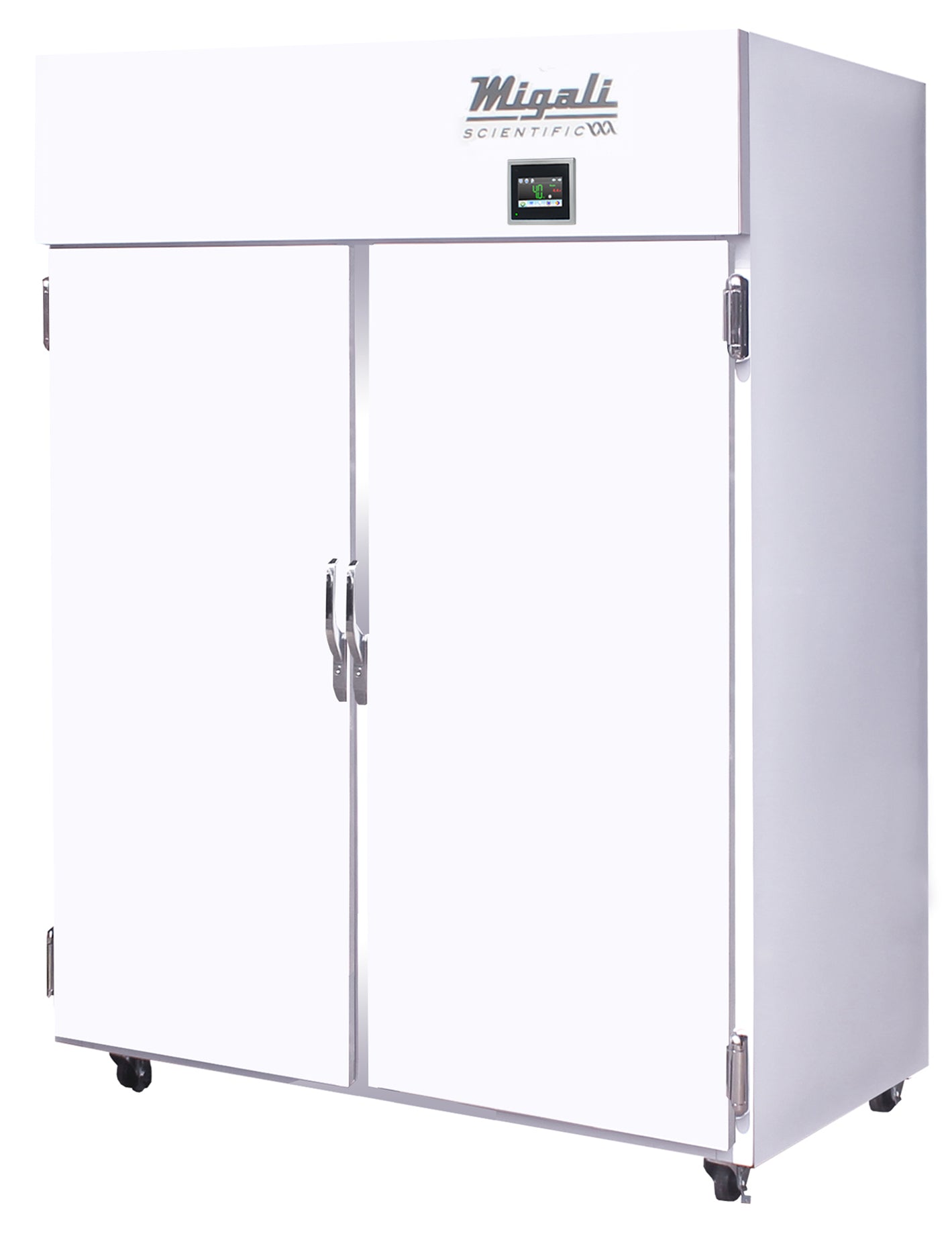 Migali Industries EVOX-2R-PH Medical-Grade Refrigerator 44.9 Cu. Ft. - two solid door upright with IntelVU touchscreen controller, front quarter view