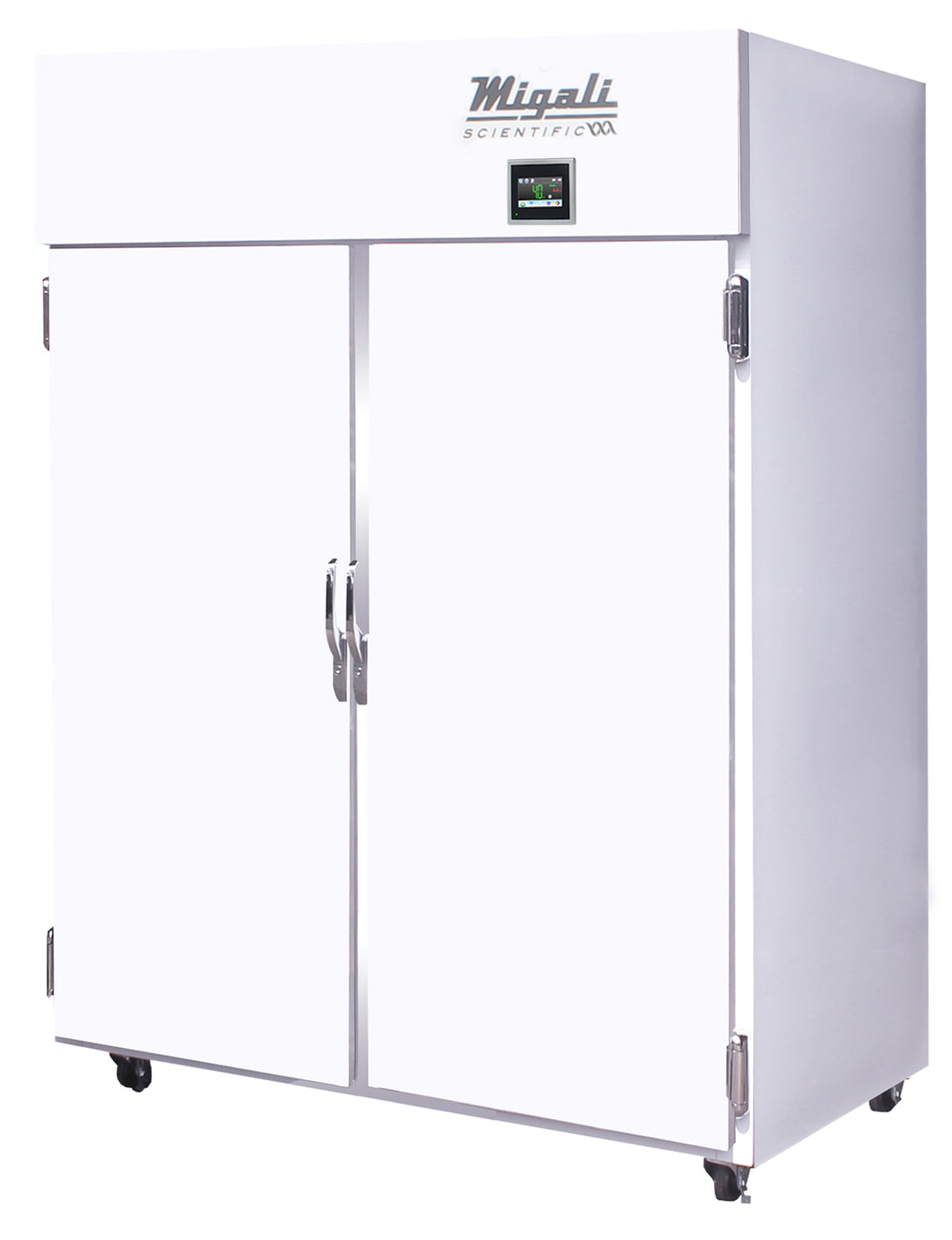 Migali Industries EVOX-2R-LB Medical-Grade Refrigerator 44.9 Cu. Ft. - two solid door upright with IntelVU touchscreen controller, front quarter view
