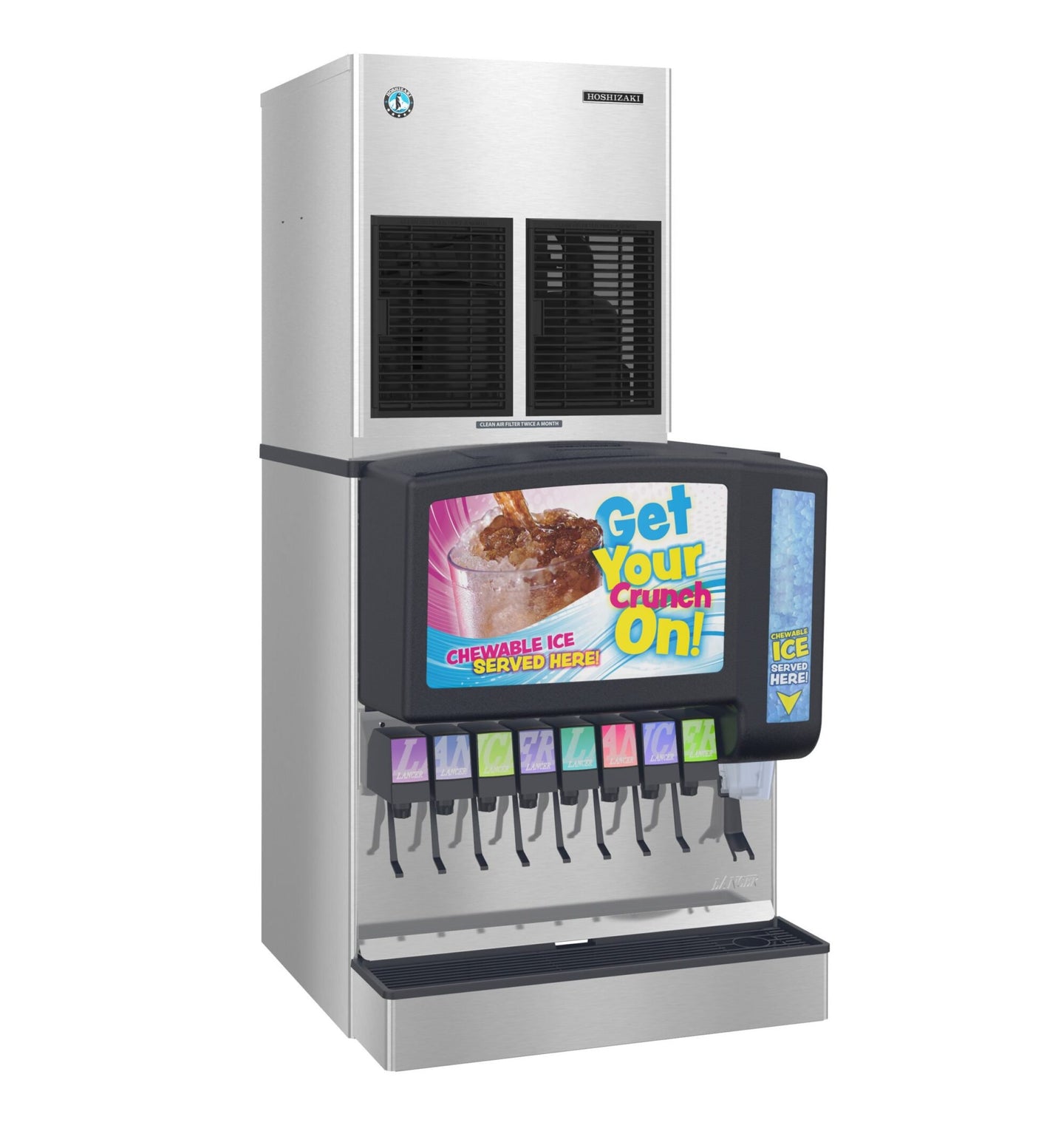 Hoshizaki FD-1002MRJZ-C remote-cooled cubelet ice machine on a Sensation 30 dispenser